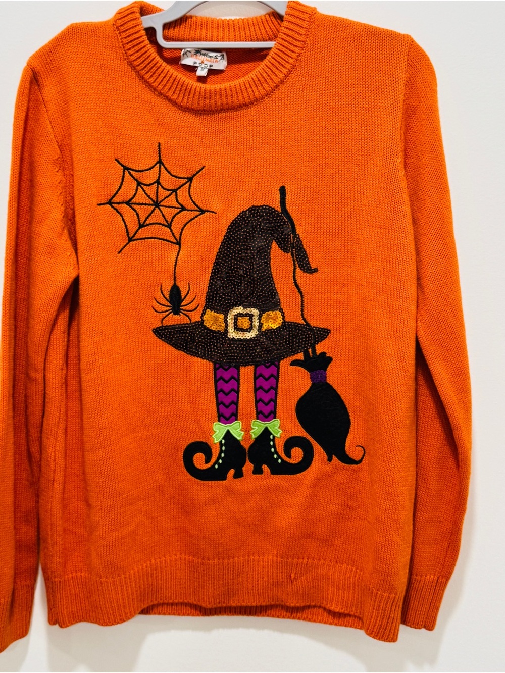 POOF Orange Sequin Witch Cat Halloween Sweater M NWOT